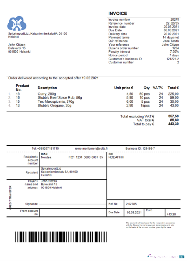 Download Finland SpiceImport Ltd invoice Photoshop template